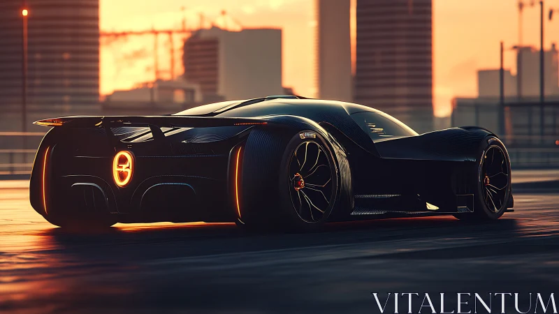 Futuristic hypercar glows at sunset on a sleek city rooftop