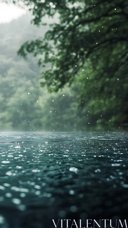 Rainfall ripples over tranquil forest lake surface.