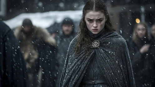 Determined cloaked girl walking through heavy snowfall.