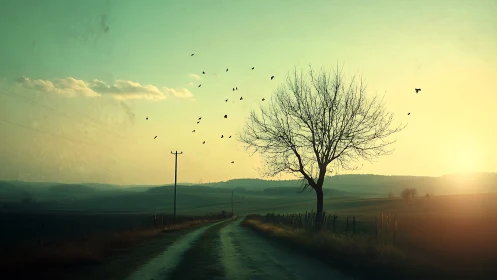 Photorealistic rural roadscape with silhouetted winter tree at dawn.