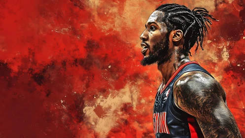 Blazing court warrior against a storm of molten crimson light.