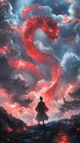 Red celestial dragon above robed figure in clouded landscape.
