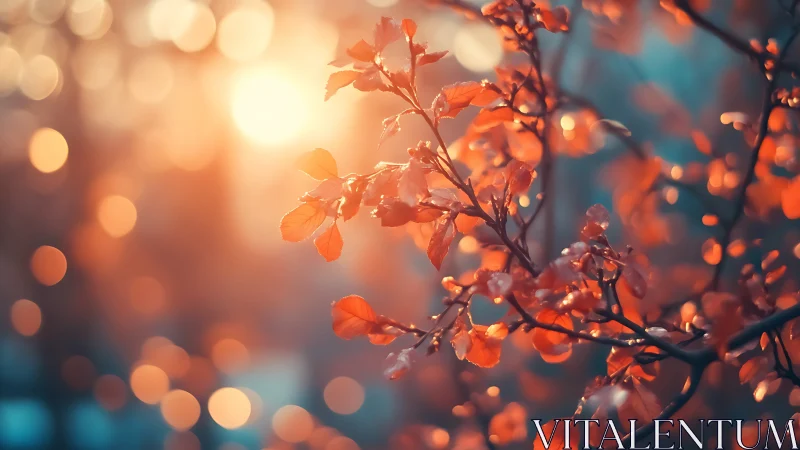 Ember-kissed autumn leaves glow against dreamy sunset bokeh.
