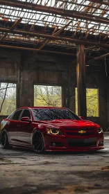 Crimson Chevy prowls a rusted warehouse cathedral of steel.