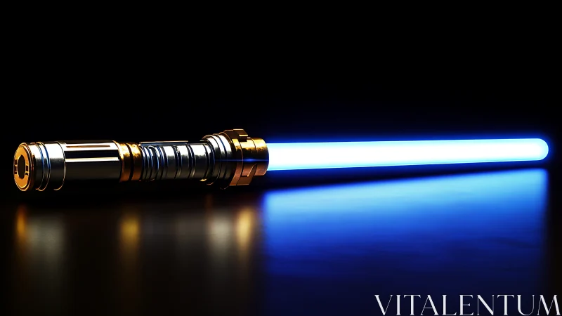 Blue energy sword glows over reflective dark surface.