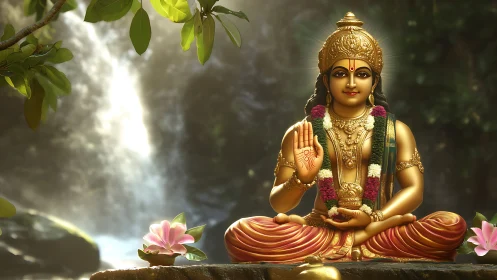 Golden Hindu deity statue seated by soft waterfall light.