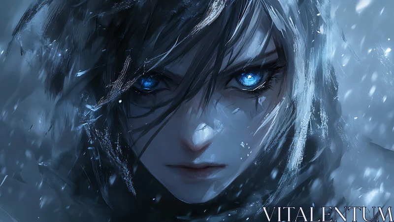 Intense blue-eyed character stares forward through swirling snow