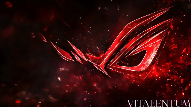 Fractured crimson gaming emblem in kinetic particle field.