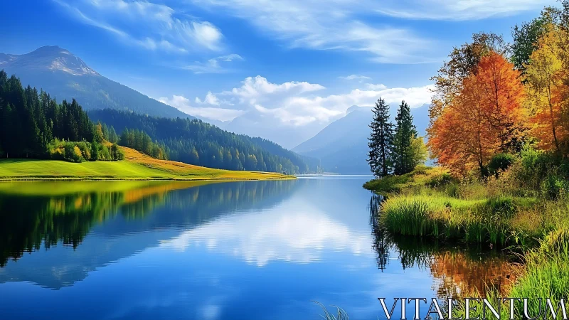 Mountain lake with forest reflection and vivid autumn trees.