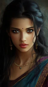 Digital portrait of woman in sari with jewelry and bindi.