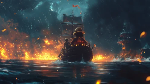 Straw hat captain aboard burning ship in stormy sea.