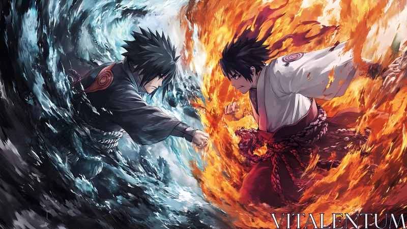 Elemental duel between mirrored warriors in fire and water clash.