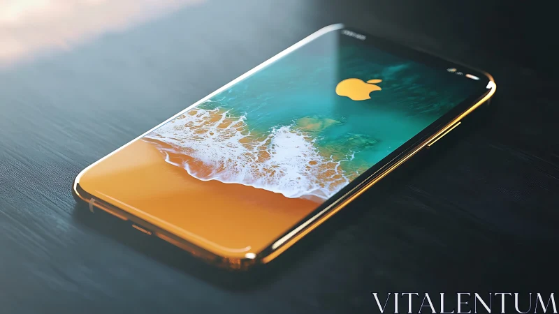 Apple iPhone with coastal beach landscape displayed on screen.