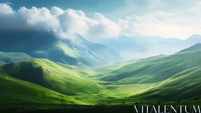 Emerald valleys breathe under drifting mountain cloudlight.