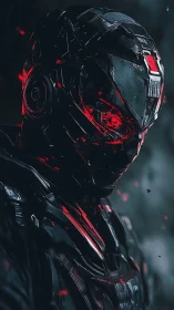 Armored humanoid figure with illuminated red visor stands still