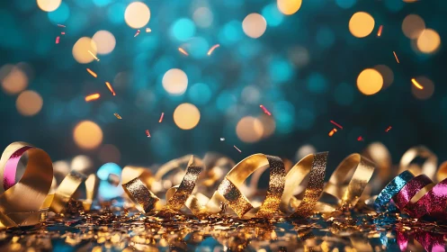Golden party ribbons shimmer against vibrant bokeh lights