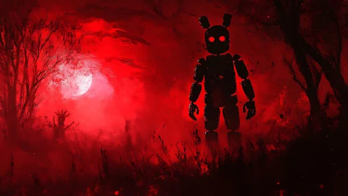Red forest night with looming robotic figure under moon.