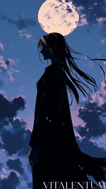 Moonlit silhouette of a quiet wanderer in twilight skies.