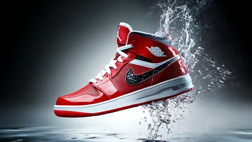 Red athletic sneaker bursts through water in dynamic motion