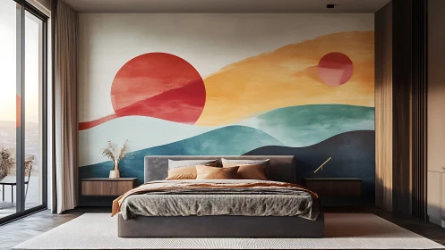 Modern bedroom with abstract sunrise landscape mural wall