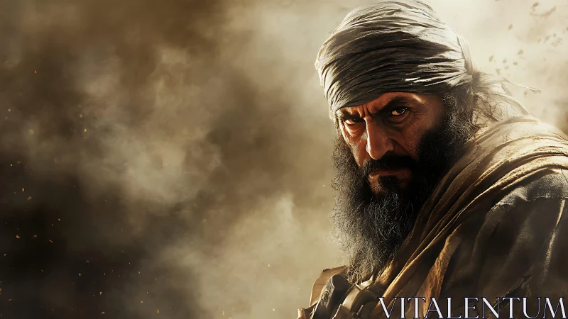 Bearded man in headscarf stands before dense dust cloud