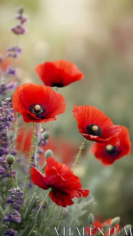 Crimson Poppies Strike Bold Against Lavender Dreams.