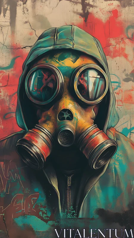 Hooded figure wears gas mask before graffiti wall