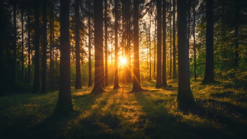 Golden sunrise in tranquil forest with tall trees and soft light.