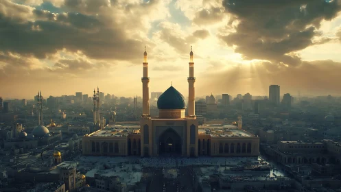 Soft golden light embraces a grand city mosque at sunset