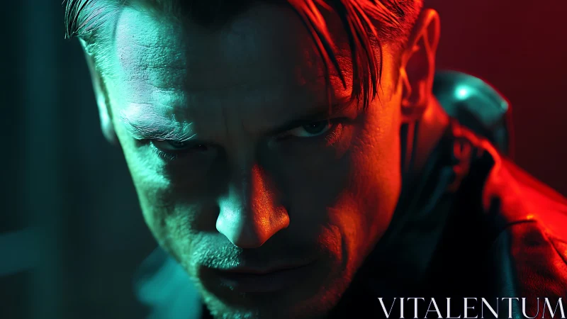 Male face is shown in tight close-up under dual color lighting