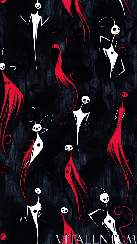 Stylized skeletal figures repeat over a dark textured field
