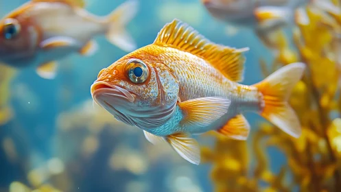 Orange reef fish swimming in blue ocean water scene.