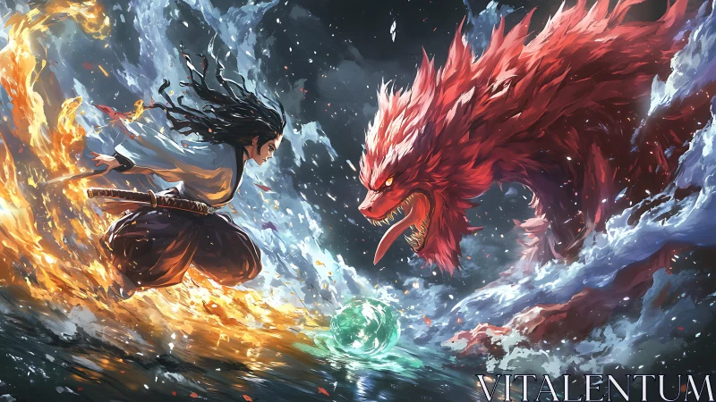 Elemental samurai confronting colossal fire beast in storm.