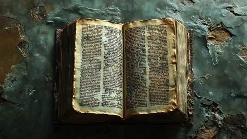 Ancient illuminated book resting on corroded metal surface.