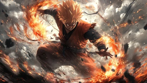 Dynamic anime fire warrior in explosive atmospheric vortex.