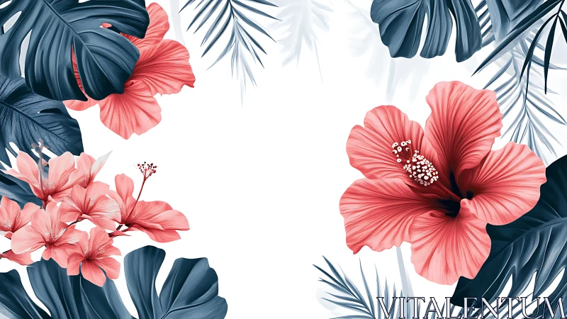 Tropical Blooms Dance Among Deep Blue Foliage