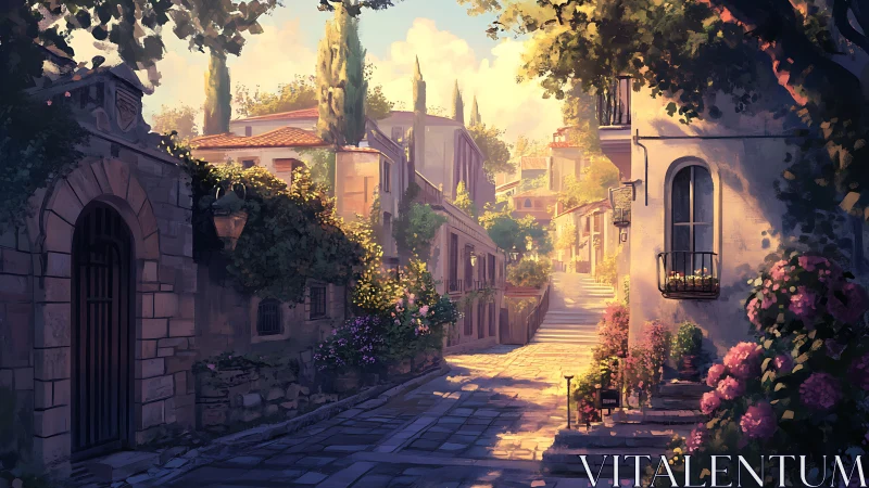 Sunlit hillside lane drifting through blooming stone villas.
