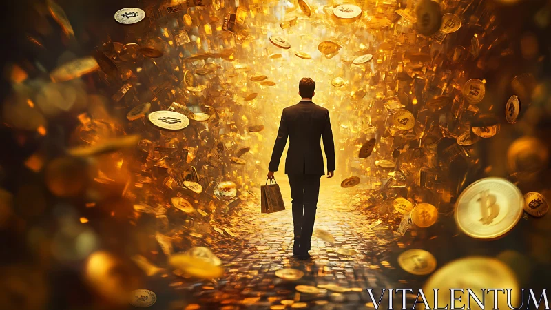 Golden crypto corridor welcoming a confident dreamer.