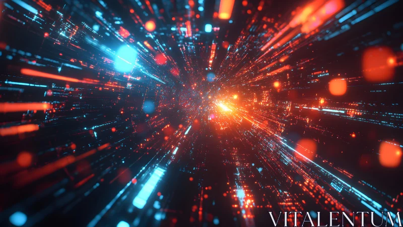 Futuristic Data Stream Tunnel with Neon Lights, Digital Art Style.