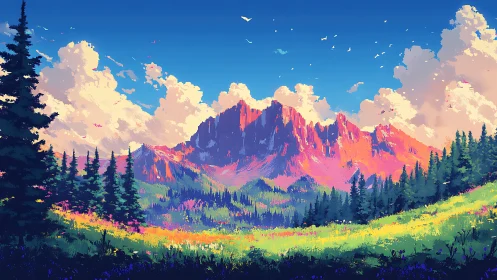 Vibrant pixel mountain range over pine forest valley.