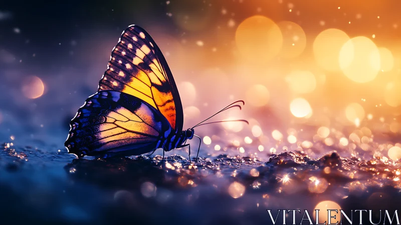 Glowing butterfly at dusk amid bokeh-lit dewy ground.