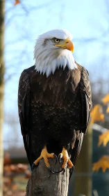 Photorealistic bald eagle portrait on vertical perch in daylight.