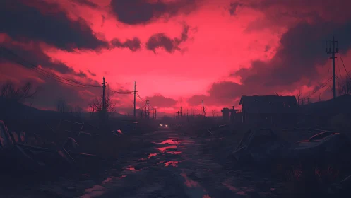Crimson storm sky over flooded postapocalyptic roadway.
