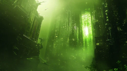 Emerald fog overgrown city where steel and vines breathe again.