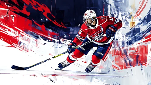 Ice hockey player in red jersey skating with bold strokes.