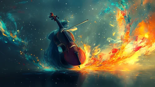 Cellist silhouette with fiery swirling abstract colors.