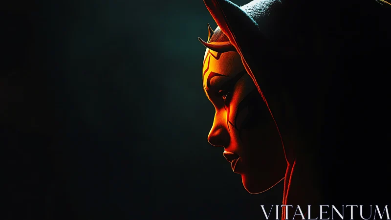 Cinematic hooded alien profile in dramatic rim lighting portrait