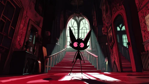 Cartoon cat silhouette stands in red lit mansion stair hall