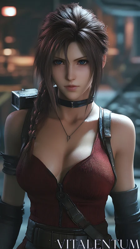 Focused warrior in crimson vest and braided hair detail.