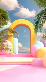 Pastel tropical archway renders stylized geometric dreamscape